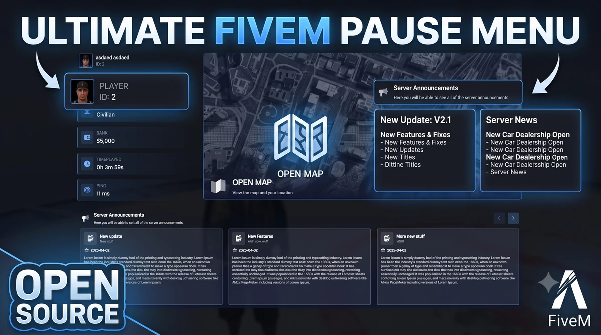 Pause Menu FiveM | Character Stats & Server News | Open Source